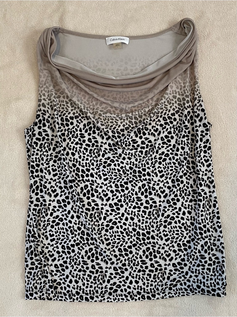Calvin Klein Taupe and Black Leopard Print Cowl Neck Tank Top